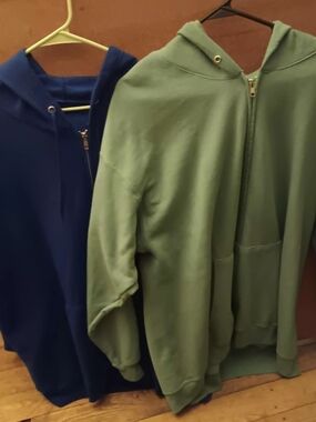 Two Zip-Up Hoodies - Olive Green and Navy Blue